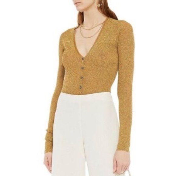 🥳🥂5 X HP🥂🥳 LANVIN METALLIC RIBBED-KNIT CARDIGAN IN GOLD - Picture 2 of 11